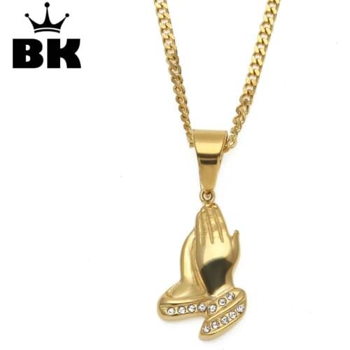 Praying Hands Pendants & Necklace Gold Color Stainless Steel Iced out Rhinestone Hip Hop Men Religous Jesus Hand Chain Jewelry