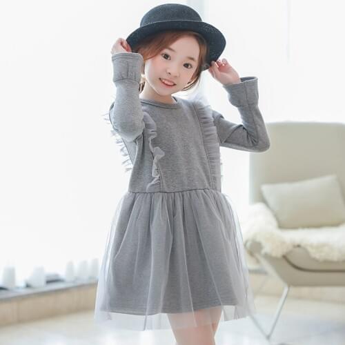 New Arrival Korean Autumn Winter Girls Dress Sweet Gray Long-Sleeved Kids Clothes For Children Casual Birthday Party Dress