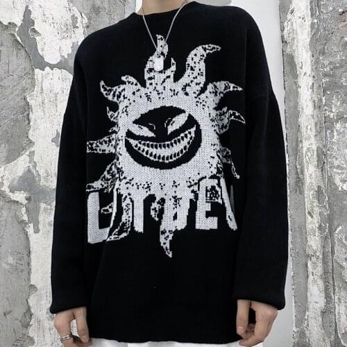 New Autumn Sweater Women Harajuku Sunflower Embroidery Sweater Loose Round Neck Long Sleeve Knitted Sweater Vintage Man Sweater