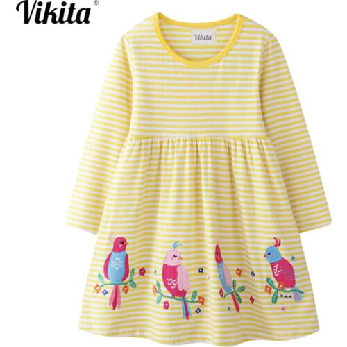 VIKITA Girls Dress Animal Appliqued Long Sleeve Princess Dress Children Cartoon Costumes Kids Cotton Dresses Baby Girls Clothes