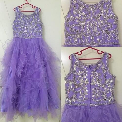 Lilac Flower Girls Dresses For Weddings Jewel Neck Long Crystal Beded Ruffles Tiered Tulle Children Kids Party Birthday Gowns