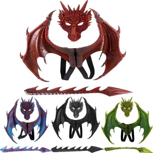 Adult Boy and Girl Kids Gifts Halloween Decoration Carnival Party Animal Costume Dragon Cosplay Masquerade Face Mask and Wings