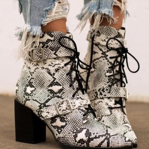 Womens shoes High heels PU Lace Up Square heel 7cm Pointed Toe snake pattern platform ankle boots