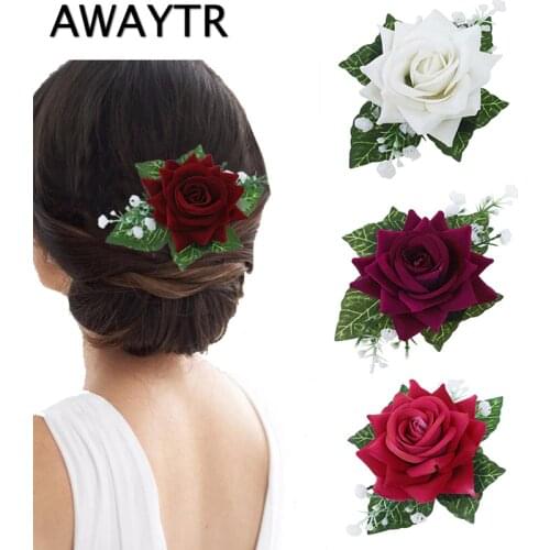 AWAYTR Rose Flower Hairpins For Women Brooches Bride Hair Clips Elegant Ladies Wedding Hair Accessories 4 Colors For Girls