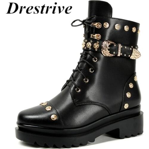 Drestrive Women Ankle Boots Thick Mid Heels 4 cm Full Genuine Leather Platform Non Slip Zipper Rivet Lace Up Buckle Winter Shoes