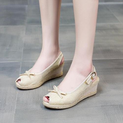 YourSeason Handmade Ladies Bowtie Peep Toe Linen Espadrilles Slingbacks Shoes 6cm Women Plain Summer Platform Sandals Wedge Heel