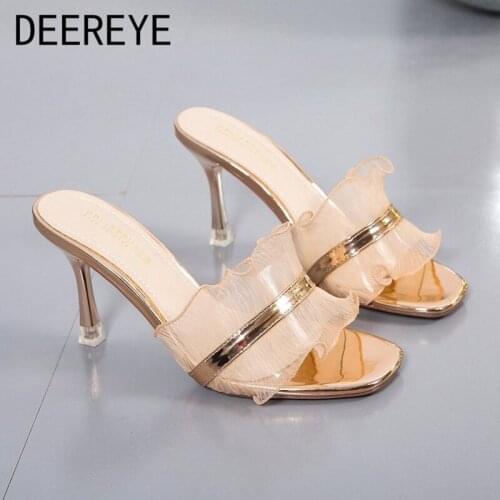 New Arrival Pleated Ruffle Mesh Womens High Heel Slipper Mules Slip On Sandals Thin Square Toe Dress Party Shoes Summer 2021