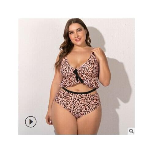 2021 Women Leopard Print Two-piece Bathing Suit V Neck Ruffle Top with Chest Pad and Adjustable Strap Hollow-out Hip Brief Set