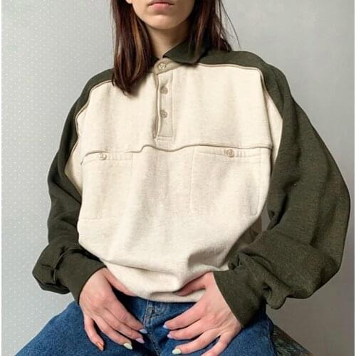B-TOTO American Retro Pickles Green Stitching Lapel Sweater Women Tide Ins Long-sleeved POLO Shirt 2021 Fashion