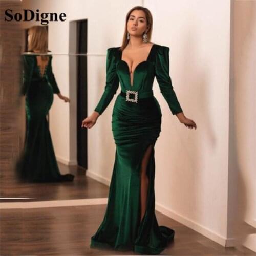 SoDigne Green Prom Dress Modern Long Sleeves Beads Belt Side Split Velvet Arabic Evening Gown Dubai Party Dress
