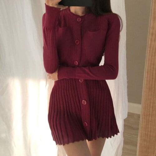 Winter Long Sleeve Button Female Short Evening Women Dress Casual Solid Women Autumn Knit Pleated Black Mini Inside Match Dress
