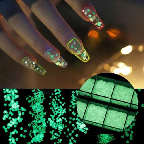 1 Box of 12 Grid Luminous Nail Polish Sequins Mixed Set Glamour Art Deco Nail Art Star Flower Butterfly Shape Nail Sequins