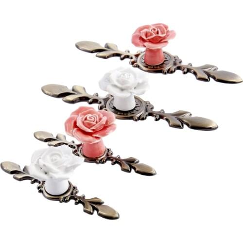 1Pcs Door Handle Pink/White Rose Vintage Ceramic Alloy Base Cabinet Knobs Cupboard Dresser Kitchen Furniture Door Pull Knob