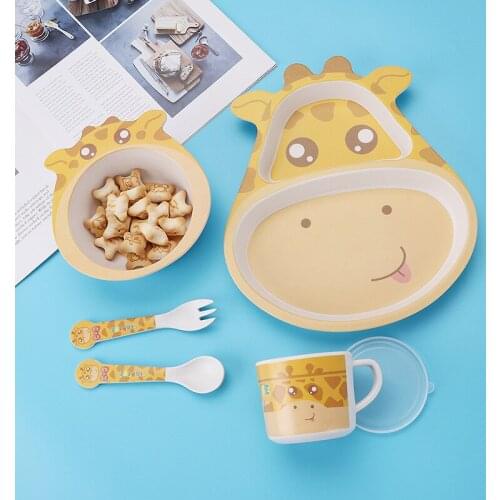 5pcs/set Bamboo Fibe Children Tableware Cartoon Animal Dinner Plates Baby Divided Dinner Plate Bowl Spoon Fork Tableware Sets