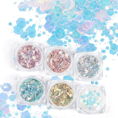 6 Boxes AB Mermaid Nail Art Sequins Sparkly Shiny Chameleon Flake Mixed Size Hexagon Iridescent Glitter Flakes Nail Decorations