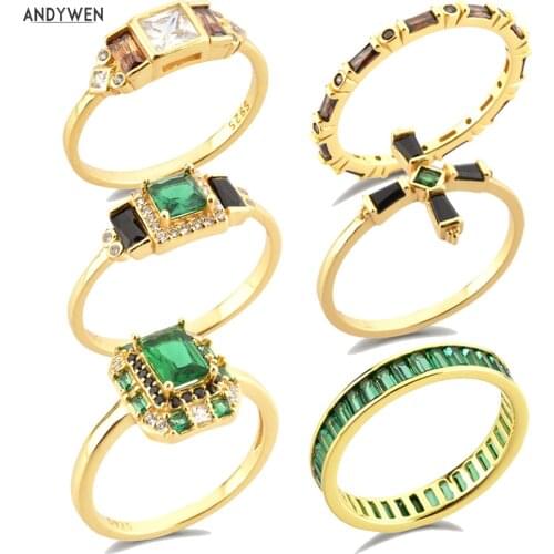 ANDYWEN 925 Sterling Silver Gold Clear Green Zircon Ring Collection Luxury Anillofino Marilyn Crystal Black Women Wedding