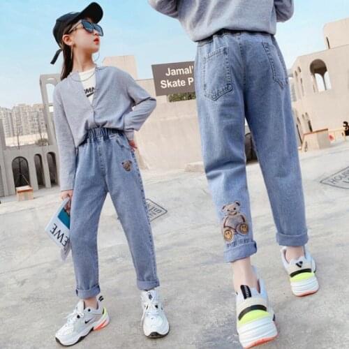 Jeans for Teenage Girls Jeans Fashion Simple All-match Ripped Denim Pants Big Girls Trousers 2021 New Loose Denim Pants