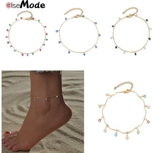 ELSEMODE Bohemia Multicolors Crystals Women Ankle Gold Stainless Steel Blue Stones Vintage Handmade Jewelry For Summer