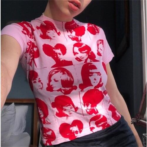 Hirigin Portrait Graphic Print T-shirt Vintage Harajuku Crop Top Y2K Aesthetic Summer Slim Fit Tees Tops Women Streetwear Gothic