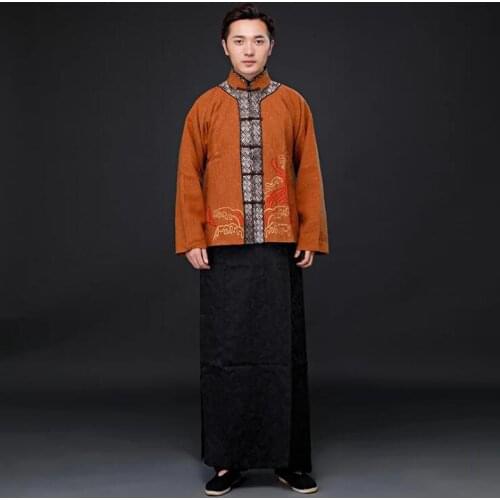 HanFu Tang suit ancient Chinese master mens cotton and linen long gown+jacket high quality rich gental man