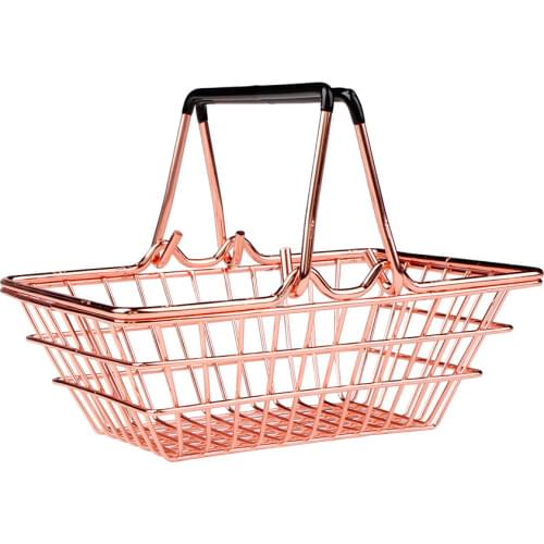 Mini Metal Rose Gold Storage Basket Chic Elegant Shopping Cart Style Candy Storage Basket Desk Debris Organizer double handle