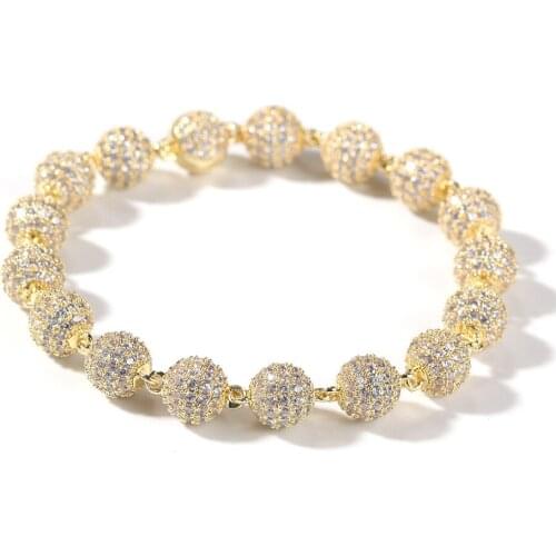 Hip Hop Mens Gold Color Zircon Round Bead Metal Retro Bracelet