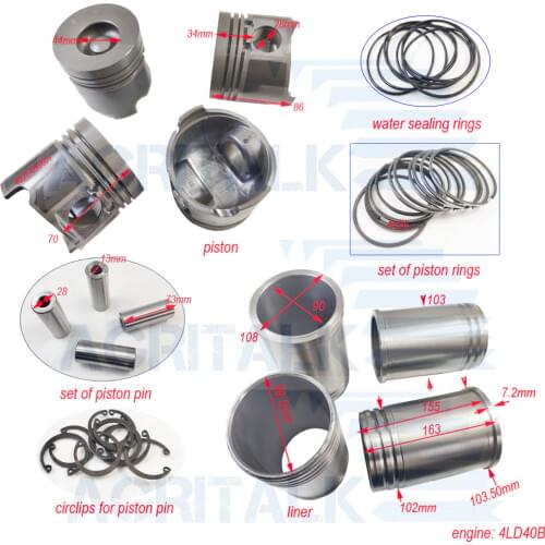 Set of piston groups: piston, piston rings, liners, piston pin and circlips, water sealing for Changchai 4LD40B engine