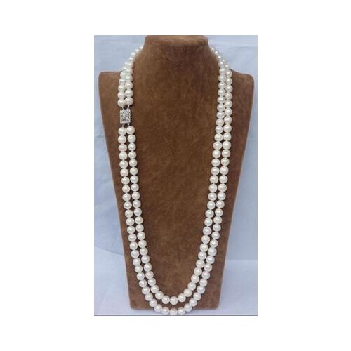 CHARMING NATURAL 2 ROW 9-10MM WHITE AAA++ AKOYA SOUTH SEA PEARL NECKLACE 24" Beads Wedding silver jewelry