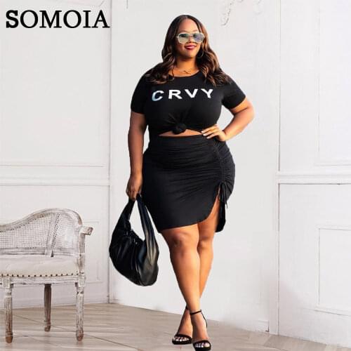 Plus Size Two Piece Fashion Womens Clothing Personality Letter Printing Irregular Bandage Folds Temperament Commuter Skirt Suit