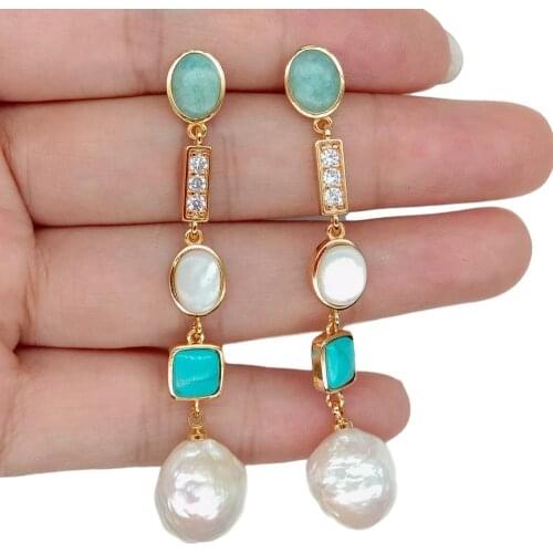 YYGEM 2.3'' geometric gold filled Amazonite White Keshi Pearl shell Blue turquoise crystal pave Dangle Earrings cute for women