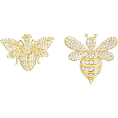 SOELLE 925 Sterling Silver Asymmetric Yellow Gold Color Wasp & Bee Stud Earrings Micro Cubic Zirconia Women Luxury Brand Jewelry