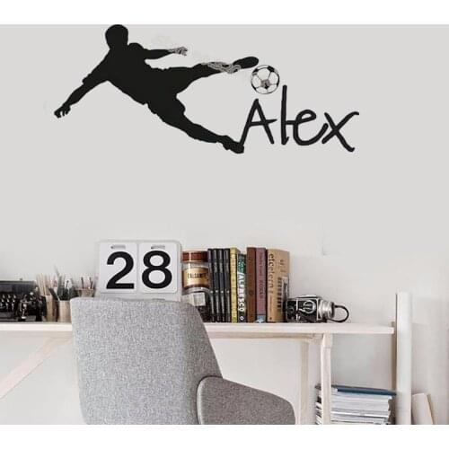 Personalised Custom name Wall Sticker Boy is playing football Vinyl Decal Soccer Ball For Kids Bedroom Baby Decor Nursery EB635