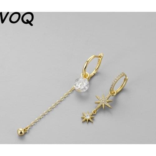 VOQ 925 Sterling Silver Glass Bead Tassel Mosaic Cubic Zircon Star Earrings for Women Asymmetric Hoop Earrings