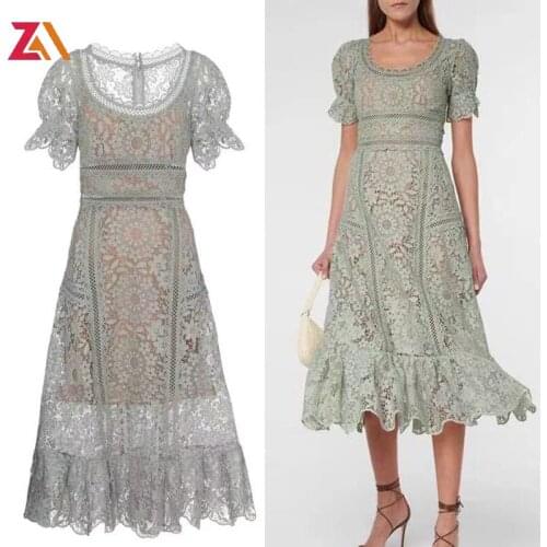 ZALady Summer Lace Midi-long Dresses For Women Elegant Short Sleeve Party Evening Ruffles Floral Hollow Out Dress Vestidos Mujer