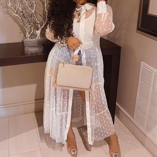 Women Long Sleeve White Sheer Top Femme Sexy See Through Plus Size Shirt 3XL Chic Office Lady Transparent Summer Blouse 2021