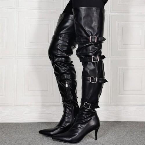 Fetish Stripper Thigh High Boots Women Buckle Belt Strap Platform High Heels Polar Dancer Motorcycle Boots Overknee Shoes