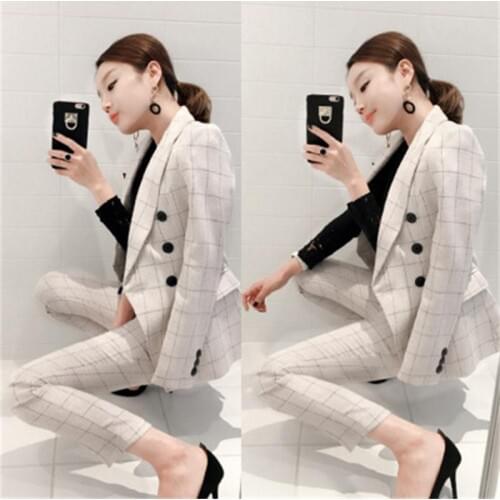 Women Plaid Pant Suits female New Autumn Women Korean temperament double-breasted fashion lapel Slim waist suit suit women