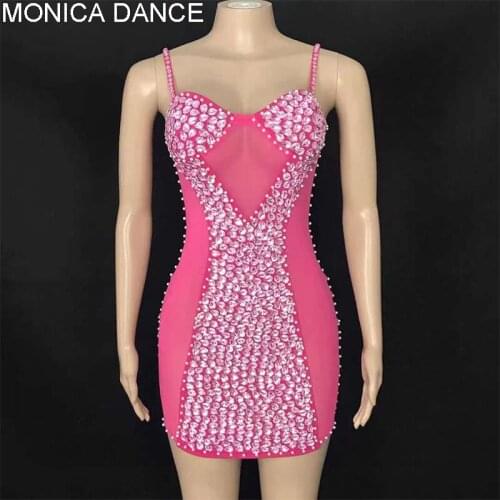 Women Sexy Stage Shining Pink White Rhinestones Pearls Dress Transparent Evening Birthday Party Stage Mesh See Throught Outfit