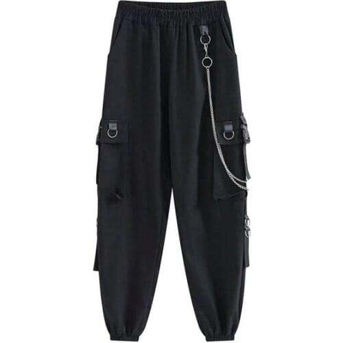 Ribbons Streetwear Joggers Men Casual Slim Mens Joggers Pants Multi-pockets With Chain Black Women Harem Trousers Men