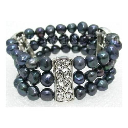 Hot sell Noble- stretchy! 3row 9mm baroque black pearls bracelet elasticity J8119 @^Noble style Natural Fine jewe SHIPPING new