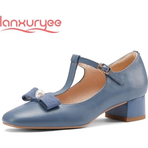 Lanxuryee hot korean girls natural leather butterfly-knot pearl square toe thick med heel buckle straps charming women pumps L23