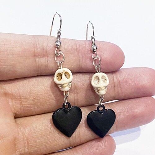 Trend 2021 Skull Earrings Black Heart Earrings With Black Crystal Beads, Gothic Victorian Creative Fashion Womens Jewelry