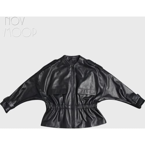Women black genuine leather top grade lambskin jacket coat ruched waist Batwing sleeve outwear casaco feminino ropa LT2465