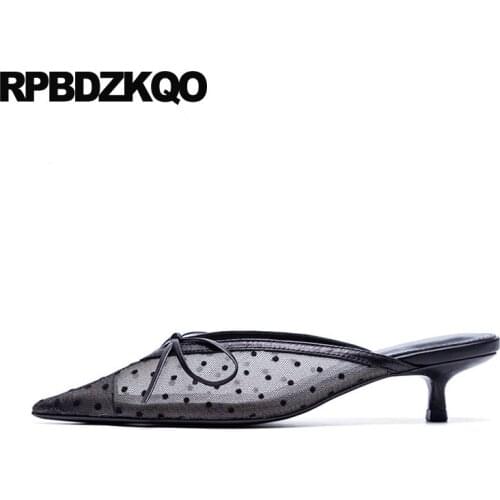 High quality sandals medium heels pumps pointed toe bow fashion shoes 2019 luxury women stiletto black ladies polka dot mesh new