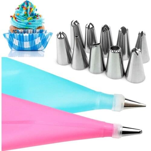12PC/Set DIY Silicone Icing Piping Cream Pastry Bag Stainless Steel Nozzle Converter Kitchen Baking Pastry Cake Decorating Tools
