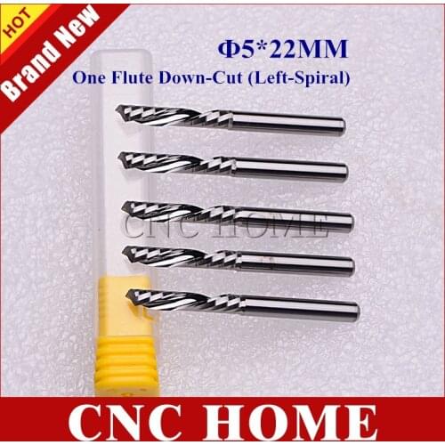 5Pcs 5mm x 22mm One Flute Down Milling Cutter Import K66 Carbide Left Helical CNC Router Bits for Cutting Wood PVC MDF Machine
