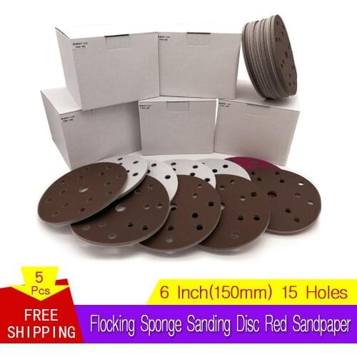 5Pcs Flocking Sponge Sanding Disc Red Sandpaper 6 Inch 15-Hole 300-2000 Grit for Polishing & Grinding Power Tools Accessories