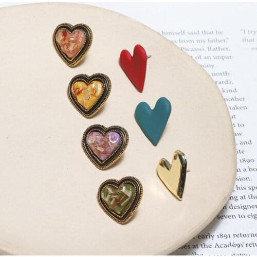 6pcs 2020 Trendy retro inlaid shell gold rim love simple heart-shaped Ladies Stud Earrings For Women Girls jewelry accessories