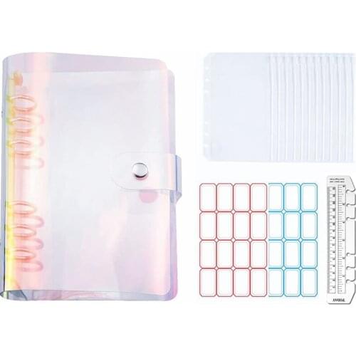 A6 Budget Binder Cover With 12Pcs 6 Hole Cash Envelopes, Clear Loose Leaf Bags With Colorful Rainbow Binder Cover