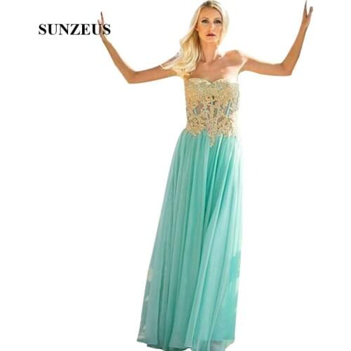 Long Turquoise Tulle Prom Dresses A-line Sweetheart Strapless Gold Appliques Party Gowns Illusion Bodice
